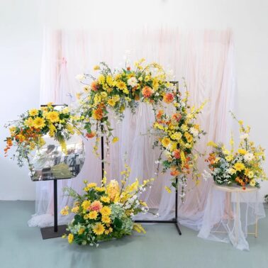 田园风格黄色系婚礼装饰花艺 拱门迎宾舞台仿真假花地排点花