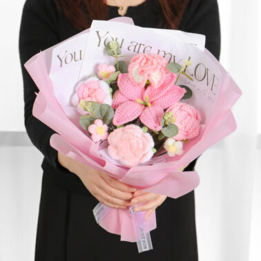 Hand-Knitted Wool Rose and Lily Bouquet