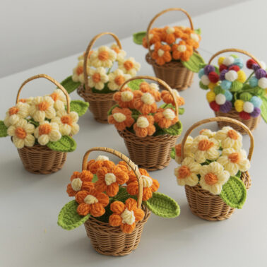 Handmade Crocheted Pom-Pom Flower Pots