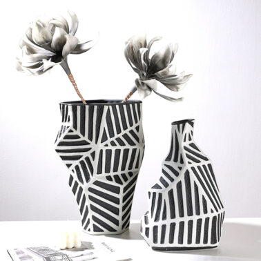 Handmade geometric black and white striped ceramic vase