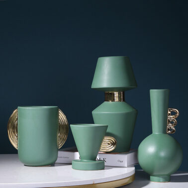 Emerald Ceramic Vase with Gold Ears