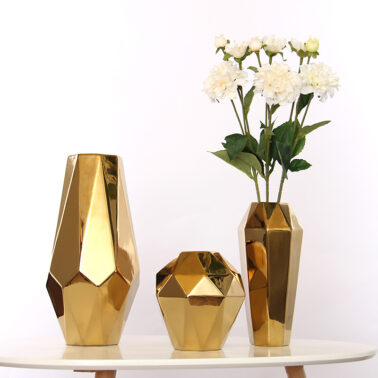 Electroplated gold geometric abstract ceramic vase