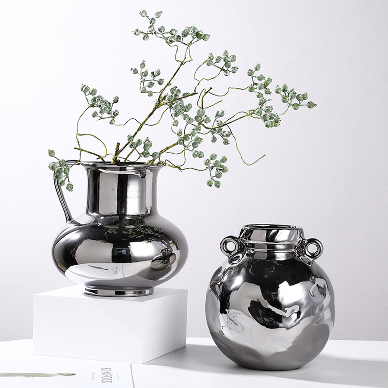 Gilded/Silver Pot with Embossed Ears Ceramic Vase - Image 2