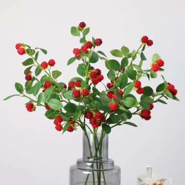 Delicate Artificial Raspberry Fruit Long Stem 65cm With Leaves Christmas Red Fruit Party Indoor Decoration Simulated Red Berries