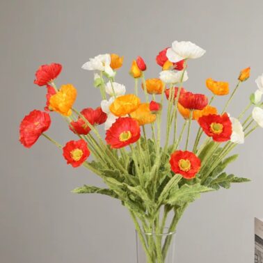 Wholesale Artificial Flocking Poppy High Quality Silk 4 Heads Poppy Flower for Wedding Decoration