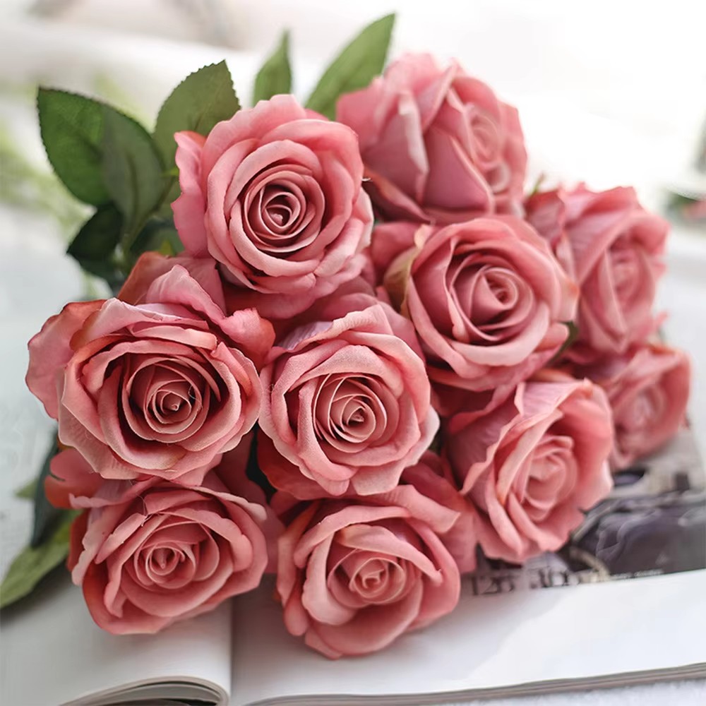 Wedding Decoration Flowers Artificial Roses Real Touch Single Branch Wholesale Silk Velvet Immortal Rose Artificial Bouquet